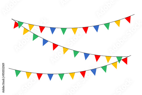 Colorful triangular flag decoration with rope. Flags for festive celebration events. Vector illustration