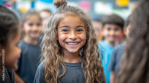 Wallpaper Mural Cheerful kids exchanging stories and smiles in a lively school classroom. Torontodigital.ca