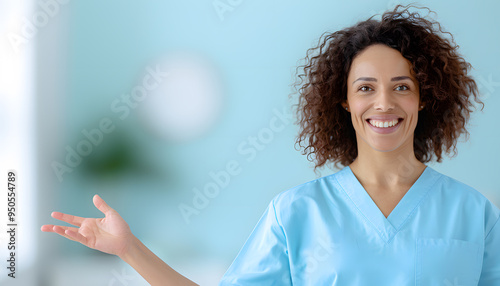 Smiling Female Nurse with Curly Hair, Professional Healthcare Worker Portrait photo