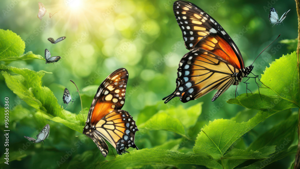 Obraz premium Illustration of Butterflies flying and dancing in a Green Paradise of a green forest