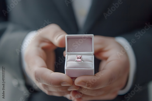 Pink Diamond Engagement Ring in Elegant Box, Luxury Jewelry and Proposal Concept photo