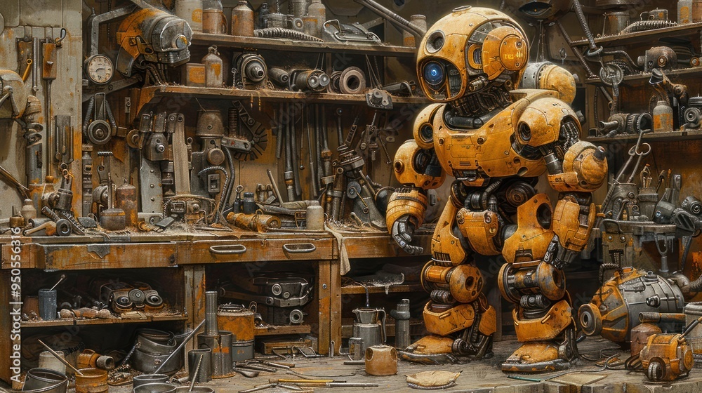 A close-up of a retro steampunk robot surrounded by various mechanical tools and parts in a barn workshop, capturing the essence of old-world technology and sci-fi imagination. A close-up of a retro steampunk robot surrounded by various mechanical tools and parts in a barn workshop, capturing the essence of old-world technology and sci-fi imagination.