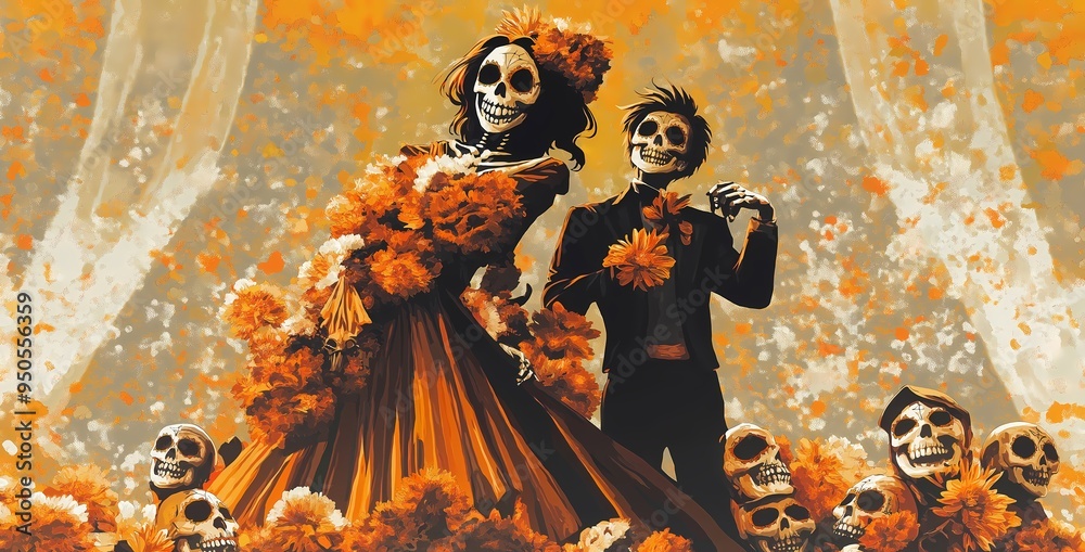 Fototapeta premium A flat illustration of skeleton lovers and couples designed as a captivating Halloween wallpaper.