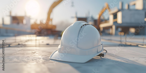 Builder's Helmet on Concrete Floor, Construction Site Safety and Equipment Concept photo