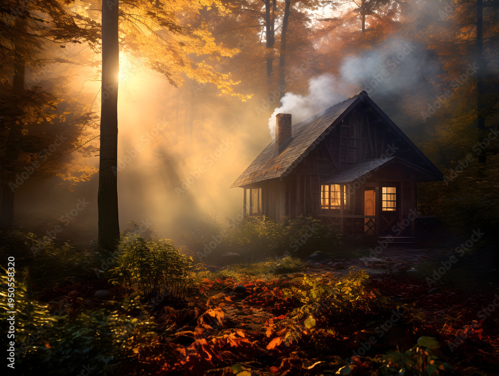 Illustration of a rustic wooden old house in autumn woods Illustration of a rustic wooden old house in autumn woods