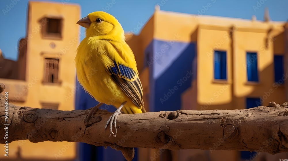 A yellow canary perched on a wooden branch in front of a colorful blue architecture