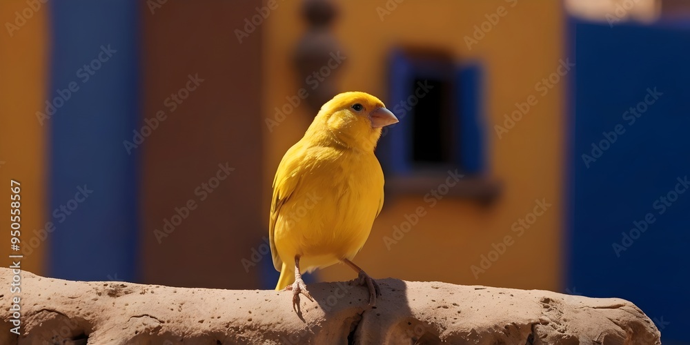 A yellow canary perched on a wooden surface , with a blurred background