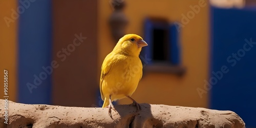 Obraz na płótnie A yellow canary perched on a wooden surface , with a blurred background w salonie