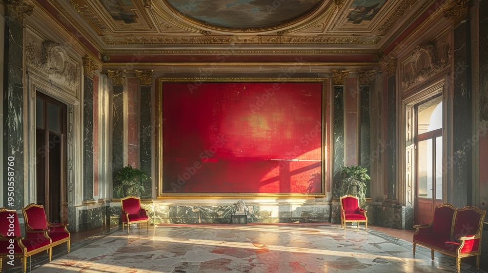 Fototapeta premium red square painting on a golden wall