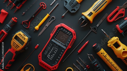 Multimeter photo realistic different ndrill on black background flat lay  photo