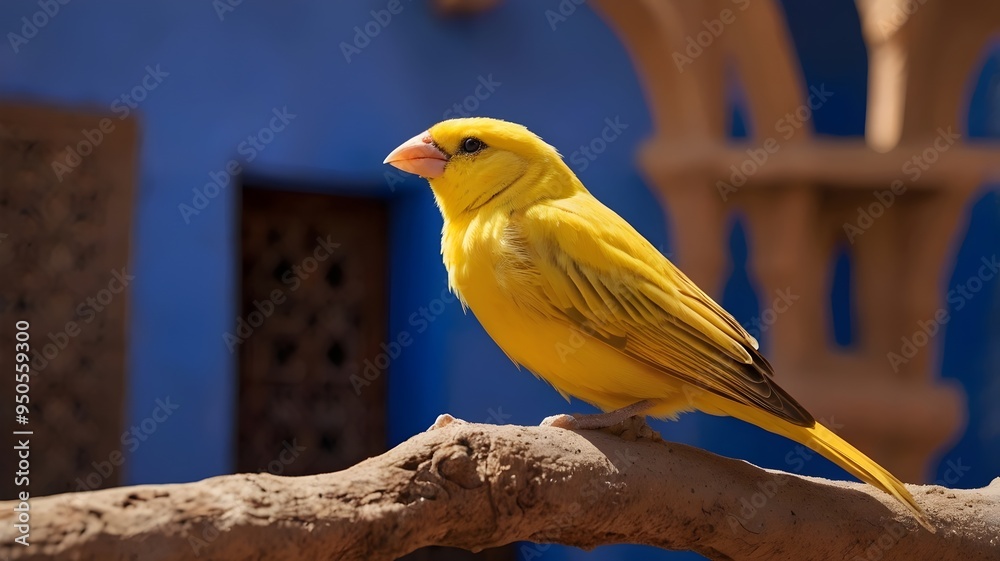 A yellow canary perched on a wooden branch against a blue background