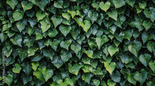 A dense layer of green ivy leaves completely covering a wall, forming a natural, lush backdrop that exudes tranquility and the simplicity of untouched nature�s vibrancy. photo
