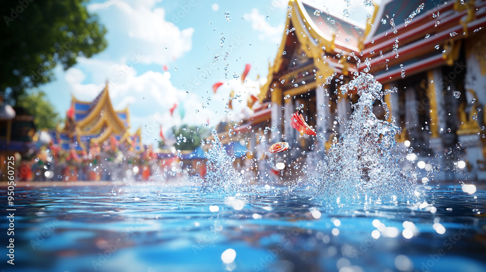 Fototapeta premium Vibrant water splashes at a traditional temple during a sunny day in Thailand, showcasing the lively atmosphere and colorful decorations