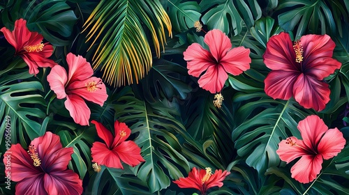 Tropical Hibiscus Flowers and Leaves.