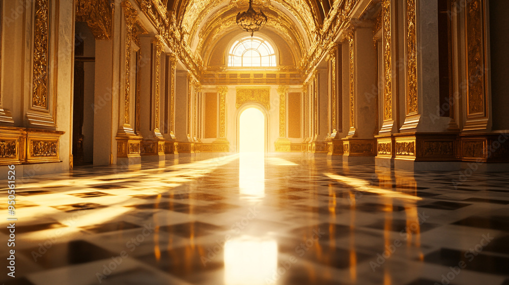 Golden light floods an opulent corridor in a historic palace during sunset, illuminating intricate architectural details and polished floors Golden light floods an opulent corridor in a historic palace during sunset, illuminating intricate architectural details and polished floors
