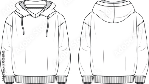 MEN AND BOYS HOODIE AND JACKETS WITHOUT POCKETS. Technical Fashion Illustration Flat Apparel Template Front, Back.