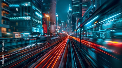 photograph of an electric train moving rapidly through the city, with buildings on both sides