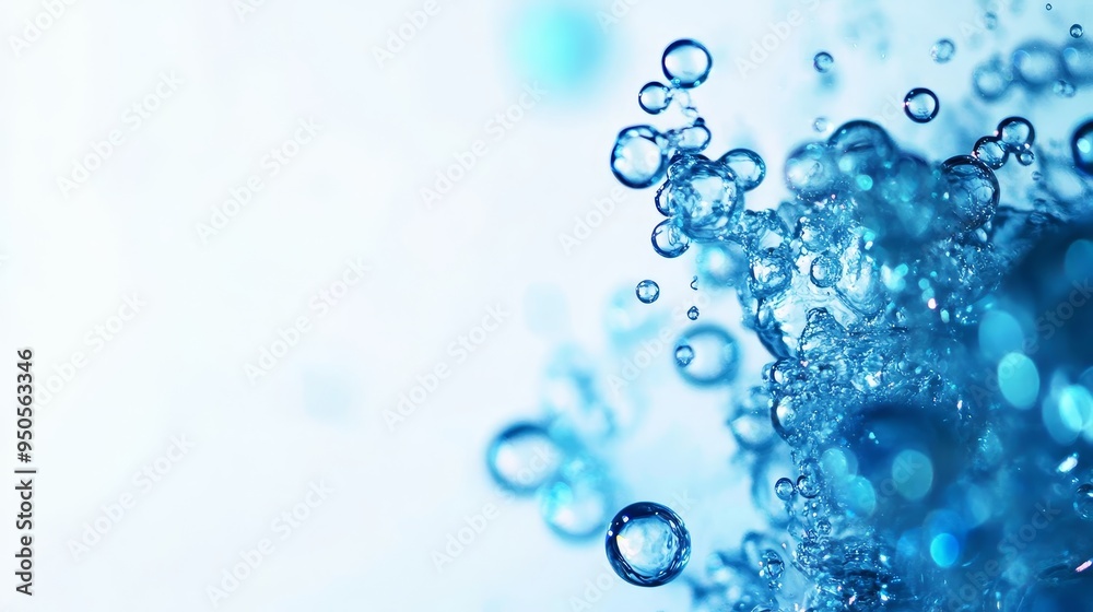 A close-up image of blue water splashing with bubbles on a white background. The water is fresh and clean, symbolizing purity, life, and energy. The bubbles represent joy, lightness, and the power of A close-up image of blue water splashing with bubbles on a white background. The water is fresh and clean, symbolizing purity, life, and energy. The bubbles represent joy, lightness, and the power of