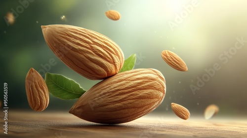 A close-up image of whole organic almonds with a rich texture. The almonds are arranged in a visually appealing way, showcasing their natural beauty. The image symbolizes health, nature, and the benef photo