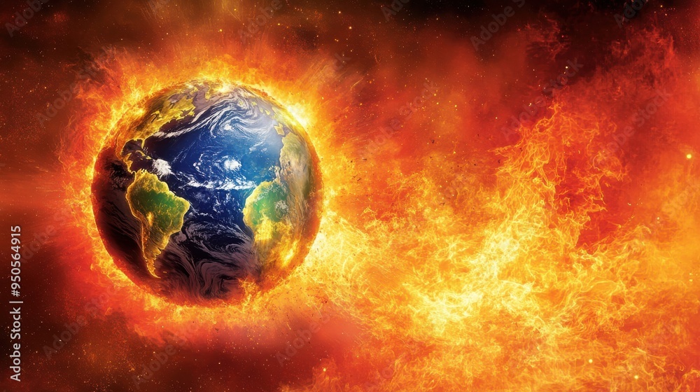 Obraz premium A fiery transformation of Earth surrounded by flames against a cosmic backdrop, illustrating the effects of climate change