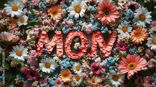 A vibrant floral arrangement featuring the word 'MOM' crafted from petals, perfect for Mother's Day celebration in a colorful setting