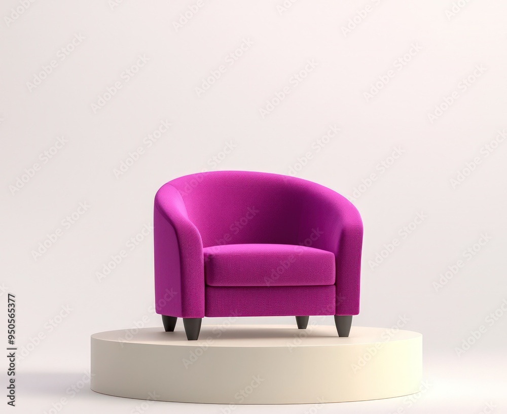 Magenta armchair displayed on a cream podium in a minimalist 3D style on white. Magenta armchair displayed on a cream podium in a minimalist 3D style on white.