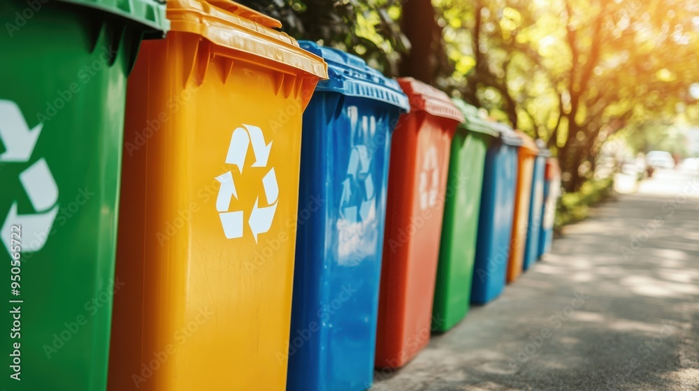 Colorful recycling bins lined up along a sunlit path in a park promoting sustainable waste management practices Colorful recycling bins lined up along a sunlit path in a park promoting sustainable waste management practices