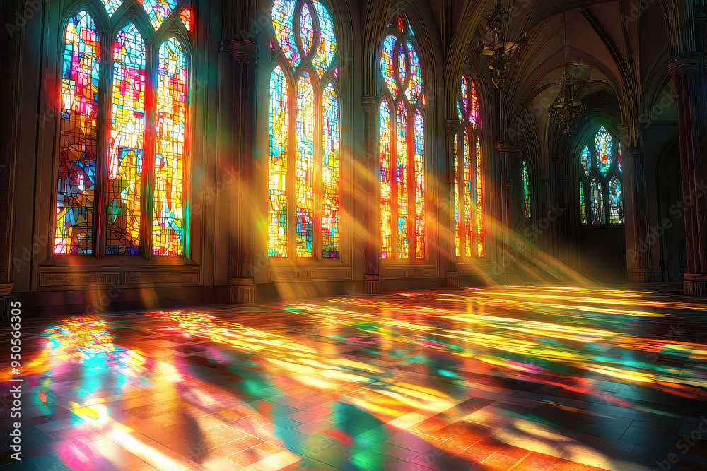 Obraz premium Vibrant sunlight streams through stained glass windows, casting an array of colorful, intricate light patterns on the cathedral floor, creating a mesmerizing play of light and shadow.