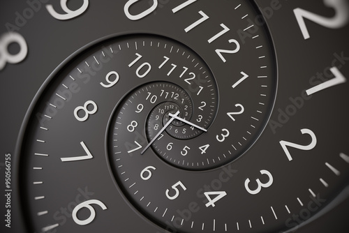 Abstract modern black spiral clock dial with arabic numerals. Concept of Infinite time, deadline, scheduling, time and space, past, present and future.