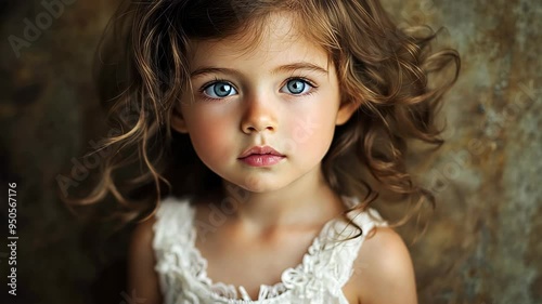 A young girl with curly hair and striking blue eyes gazes thoughtfully, capturing the beauty of childhood innocence