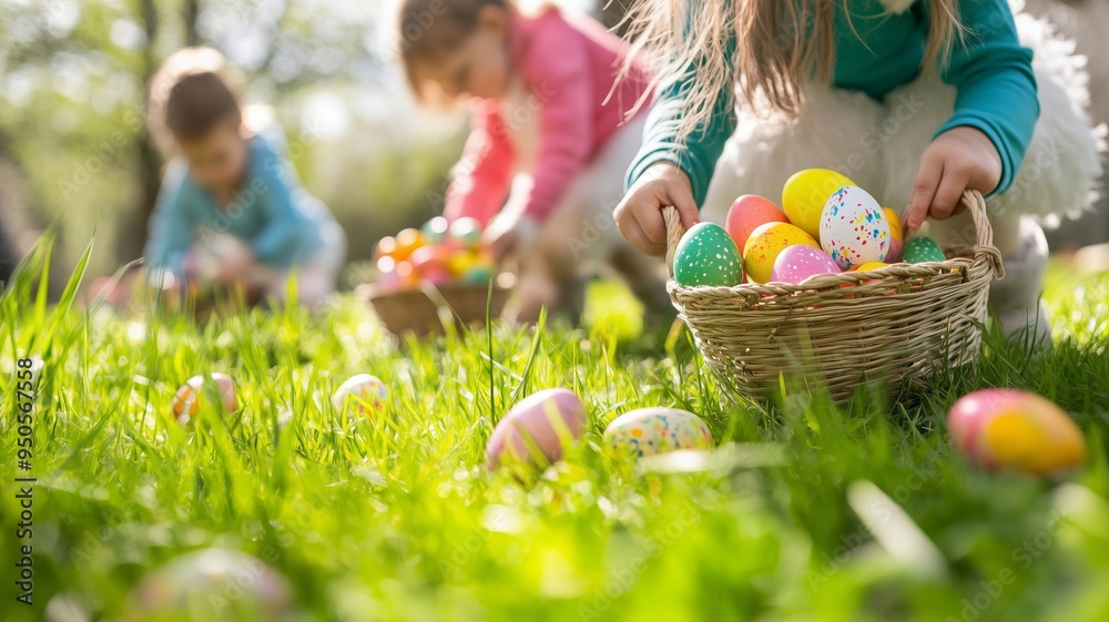 Fototapeta premium Children dressed in Easter bunny costumes collecting colorful painted eggs in the grass, holding baskets full of colorful Easter eggs. The scene captures the joy and excitement of an Easter egg hunt.