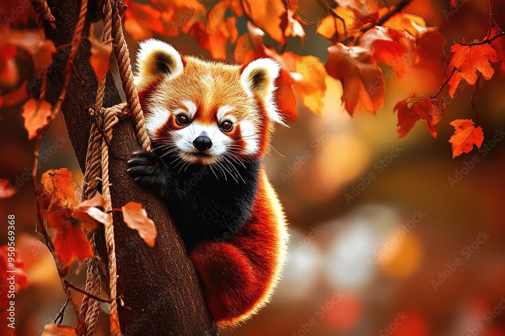Obraz premium A playful red panda explores its vibrant autumn surroundings while perched on a sturdy tree branch, capturing the essence of fall in a serene forest setting