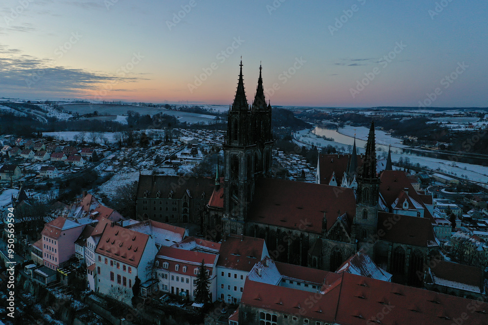 Meissen with Meissen Cathedral in winter at blue hour Meissen with Meissen Cathedral in winter at blue hour