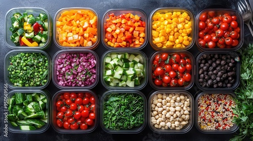 Wallpaper Mural organized array of colorful meal prep containers filled with balanced healthy foods surrounded by fresh ingredients and cooking utensils Torontodigital.ca