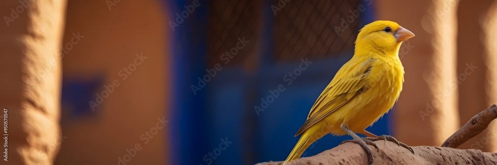 A yellow canary perched on a wooden branch in front of a colorful blue architecture