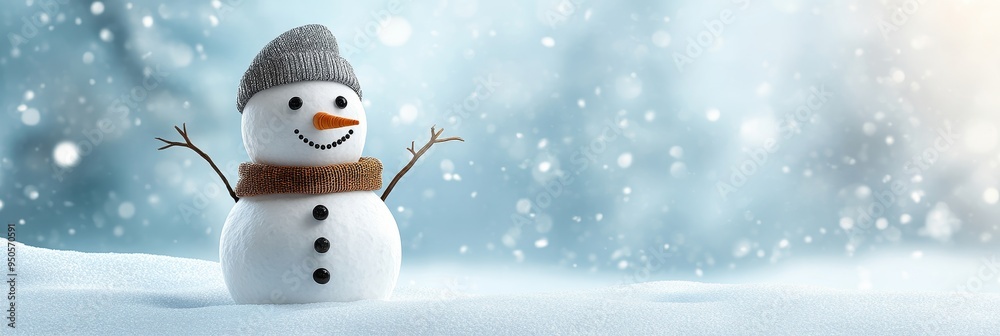 Fototapeta premium A happy snowman with a knitted hat and scarf stands in a snowy landscape, surrounded by falling snow. The scene symbolizes joy, winter fun, and the magic of the season.