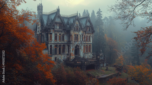 A historic castle is enveloped by a misty evening light, situated within a vivid forest in full autumnal bloom, creating a dramatic and enchanting visual scene. photo