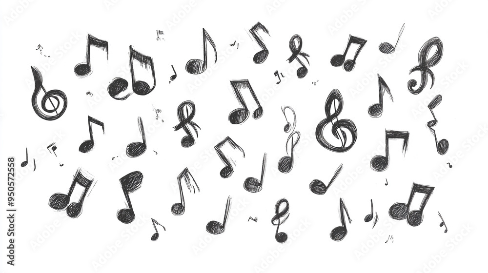 A variety of musical notes scattered across a white background, displaying different styles and sizes in artistic arrangement A variety of musical notes scattered across a white background, displaying different styles and sizes in artistic arrangement