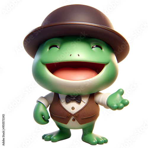  A cheerful frog with a wide smile, wearing a small vest and a bowler hat. on transparent background