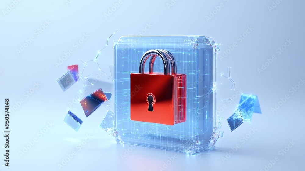 Obraz premium A red padlock inside a transparent cube surrounded by digital data, symbolizing secure data protection, network security, digital privacy, cybersecurity, and technology advancement.