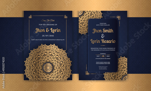 Luxurious wedding invitation card design template with golden floral mandala and arabesque pattern for dream wedding