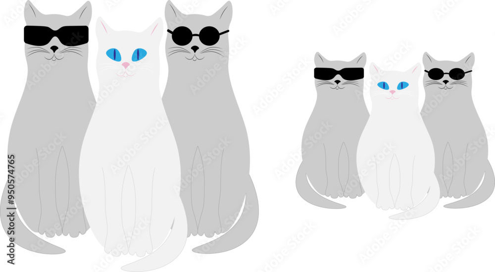 Grey cats with sunglasses and a white blue-eyed cat