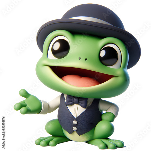  A cheerful frog with a wide smile, wearing a small vest and a bowler hat. on transparent background