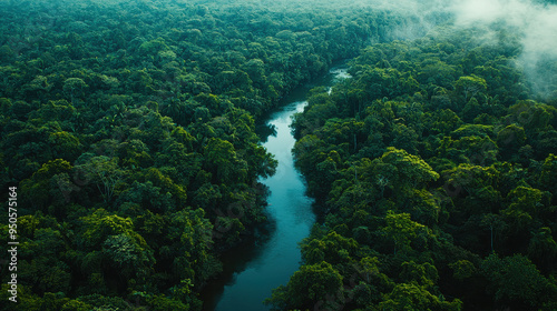 This image provides an aerial view of a lush and dense forest, with a serene river cutting through, illustrating the natural beauty and tranquility of untouched wilderness.