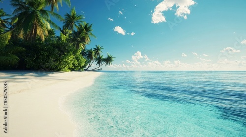 A serene tropical beach with pristine white sand, crystal clear turquoise water, and lush palm trees swaying gently in the warm breeze. The blue sky is dotted with fluffy white clouds, creating a pict photo