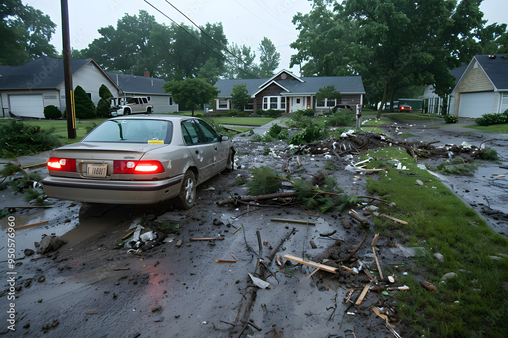 House Damage, Car, and Fallen Trees on Streets After Tornado, Severe Weather Aftermath and Destruction House Damage, Car, and Fallen Trees on Streets After Tornado, Severe Weather Aftermath and Destruction