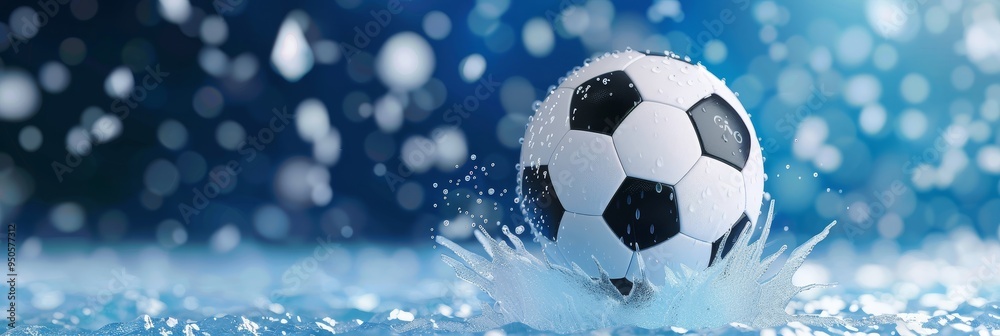 Fototapeta premium A soccer ball splashes into a pool of water, creating a vibrant and dynamic scene. The blue background and water droplets enhance the visual appeal of the image, symbolizing energy, action, and the th