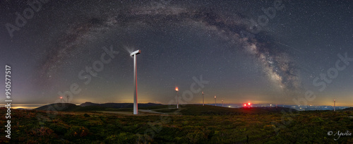 Panoramic of the Milky Way in the Sierra de Bobia, Spain with the model windmills! photo