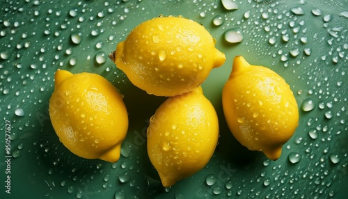 close-up of lemons with water drops, highlighting the texture and juiciness of the fruit photo