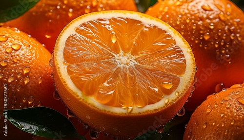 close-up of oranges with water drops, highlighting the texture and juiciness of the fruit photo